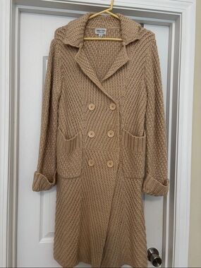 Tan Knit Double-Breasted Long Cardigan Coat